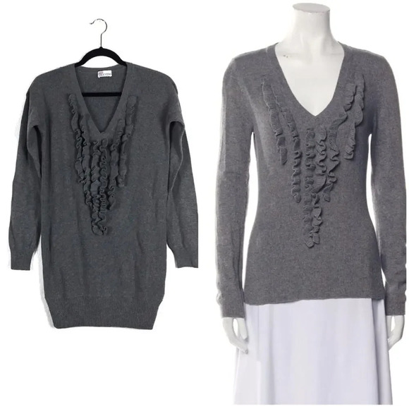 Red Valentino Grey Wool Sweater Small Knit Ruffle Long Sleeve Oversized Tunic